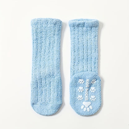 5 Pcs Cozy Coral Fleece Youngsters Socks - Warm, Thick Winter High Socks with Non-Slip Dots | Machine Washable in Vibrant Colors (Pink, Blue, Yellow, Orange, Brown) | Cute Paw Print Design for Youngsters
