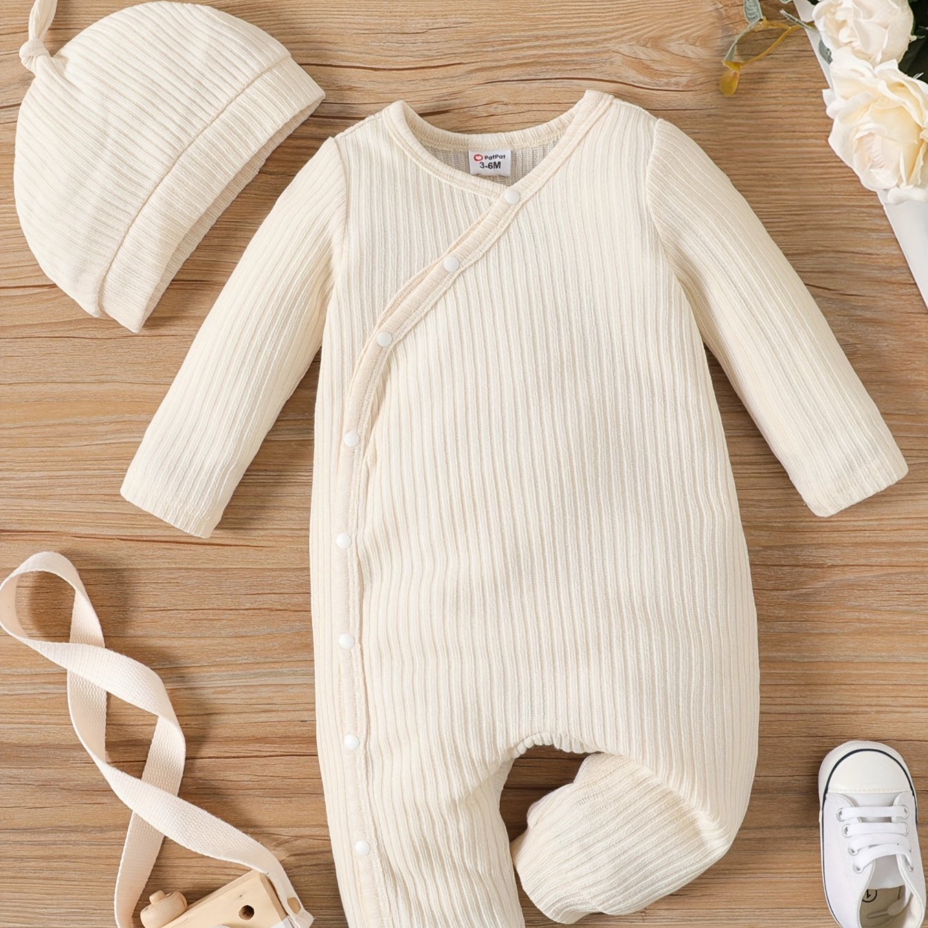 PatPat 2pcs Baby Boy/Girl Rib Knit Jumpsuit – Button Front Long-Sleeve Romper with Matching Hat Set