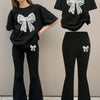 2-Piece Girls Black Crew Neck T-Shirt & Flared Pants Set – White Bow Print, Casual Summer Party Outfit (Ages 3+)