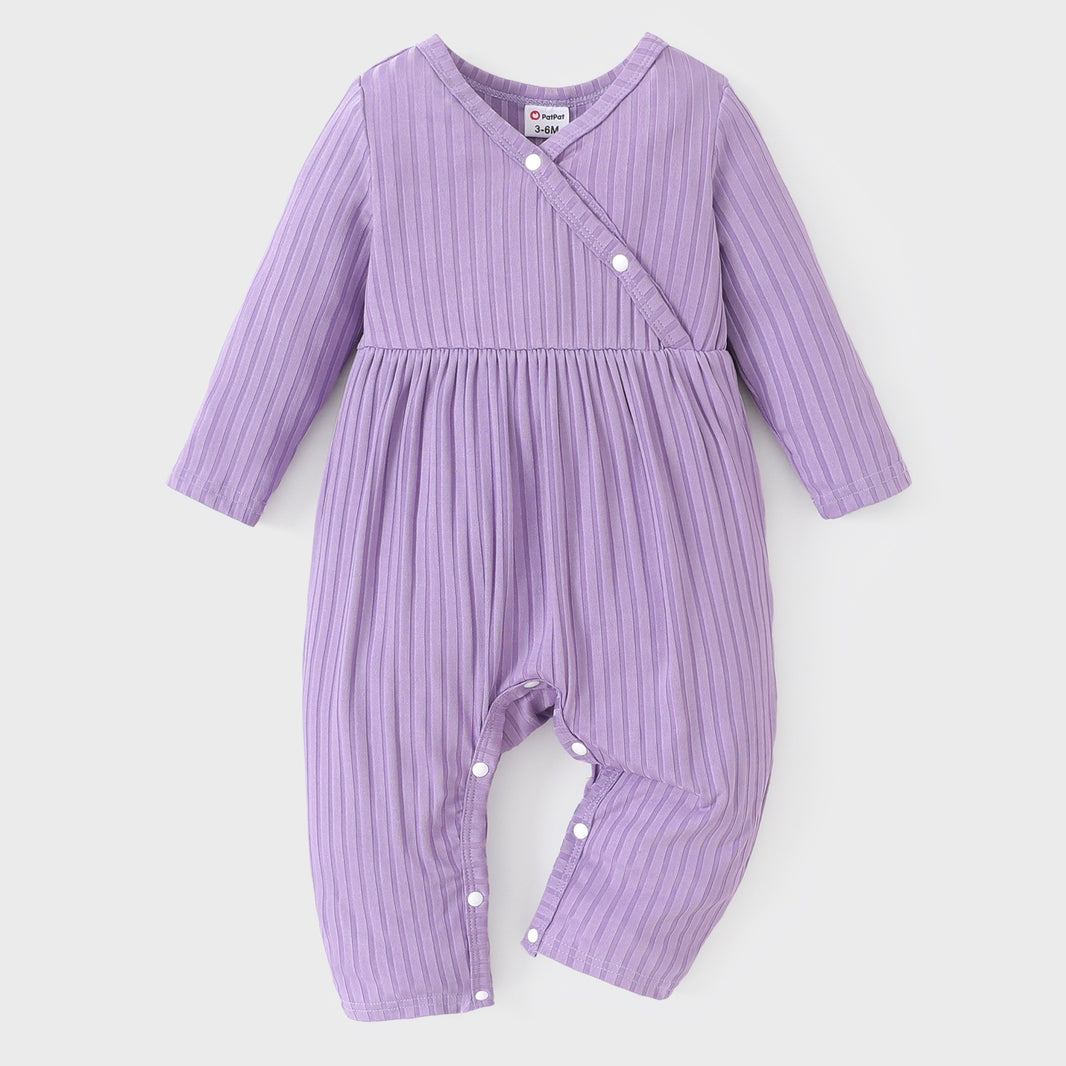 PatPat Baby Girl Cute All-Over Rabbit Print & Solid Ribbed V Neck Short-Sleeve Jumpsuit – Perfect for Summer Outdoor Wear