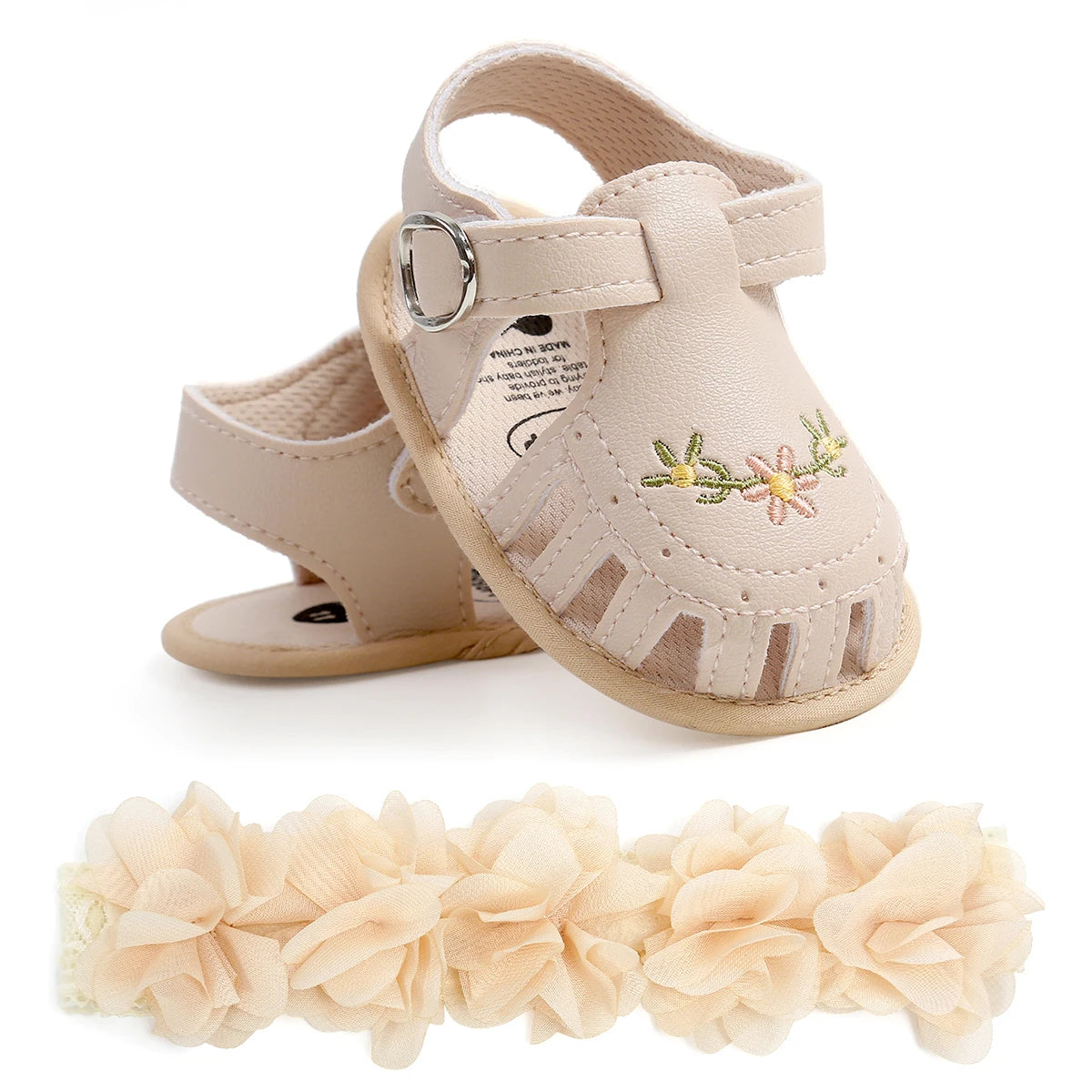2-Piece Baby Girls’ First Walker Set – Soft Sole Anti-Slip Shoes with Flower Decor & Matching Headband