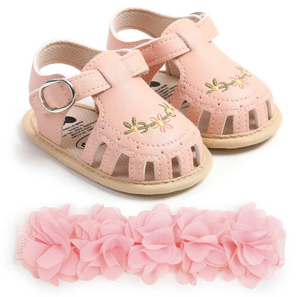 2-Piece Baby Girls’ First Walker Set – Soft Sole Anti-Slip Shoes with Flower Decor & Matching Headband