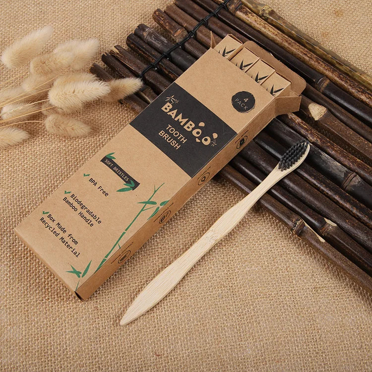 4PCS Charcoal Bamboo Toothbrushes - Extra Soft Natural Bristles for Adults & Kids, Zero Waste Biodegradable Toothbrush