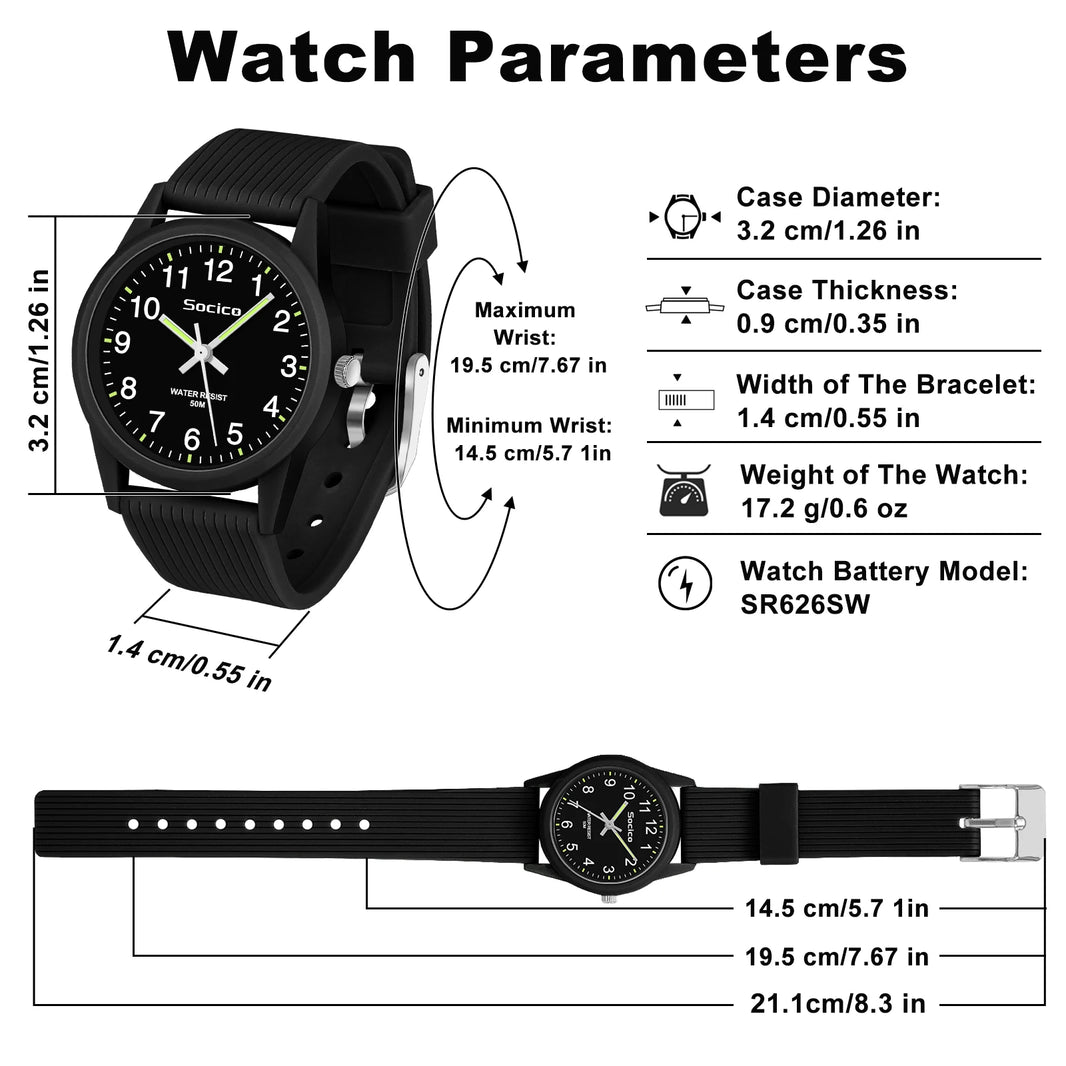 SOCICO Kids Analog Watch for Girls and Boys with Soft Band Learning Time 50M Waterproof Gift for Ages 4-12
