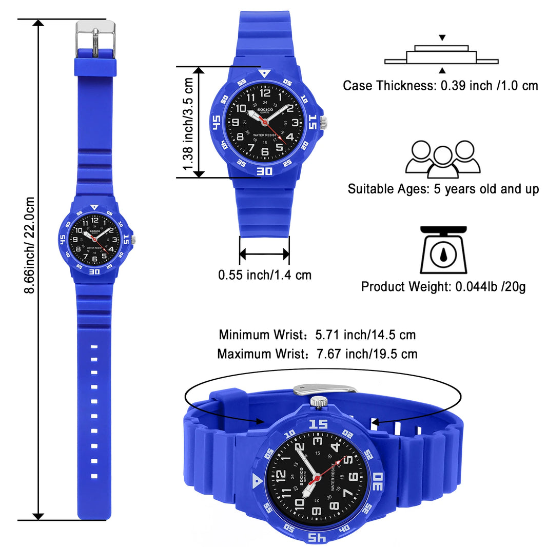 SOCICO Children’s Analog Watch for Girls and Boys Soft Strap Waterproof Easy-to-Read Learn Time Wristwatch Gift