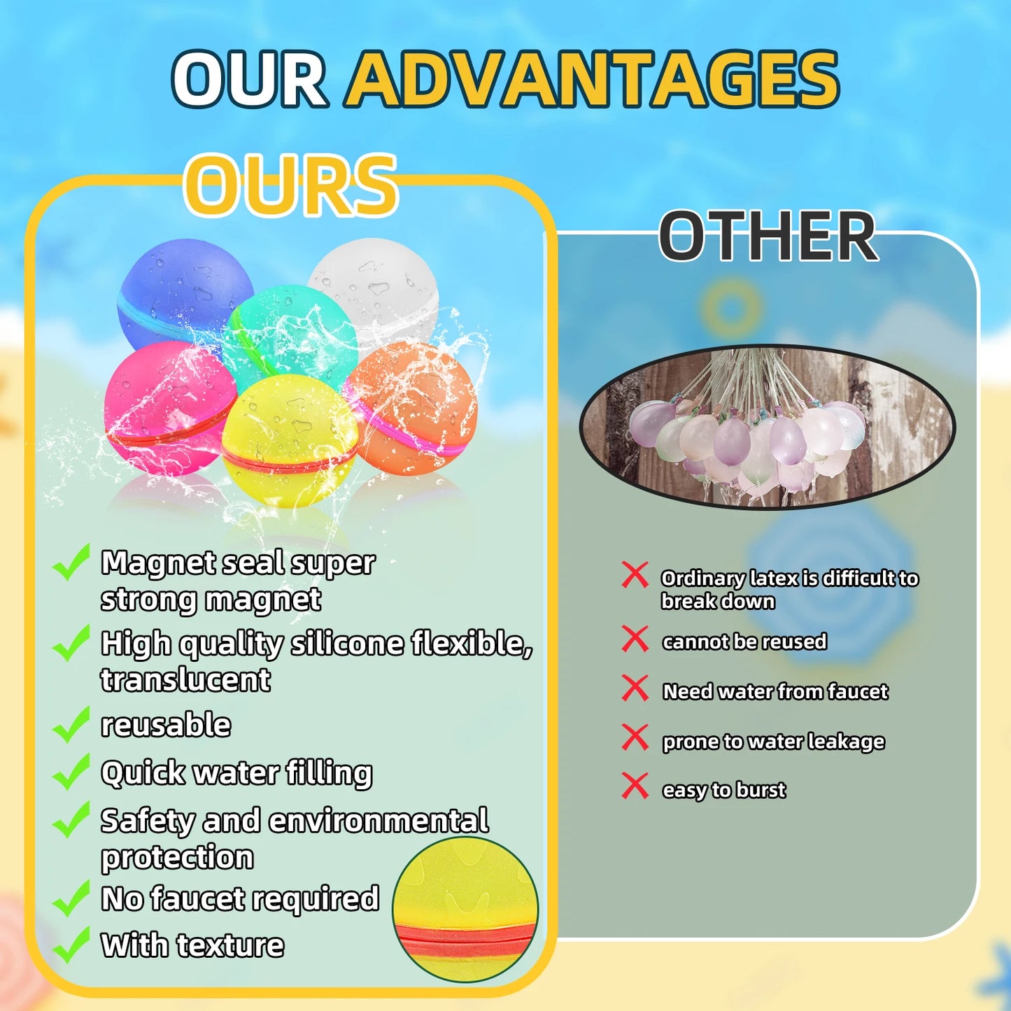Reusable Self-Sealing Water Balloons with Quick Fill and Magnetic Suction Closure Large 6.5cm