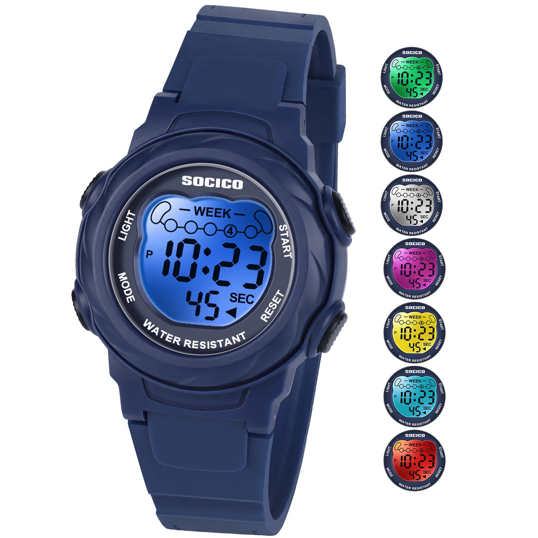 SOCICO Kids Digital Watch for Girls and Boys 7-Color Lights Waterproof Soft Band Christmas Gift for Ages 5-12