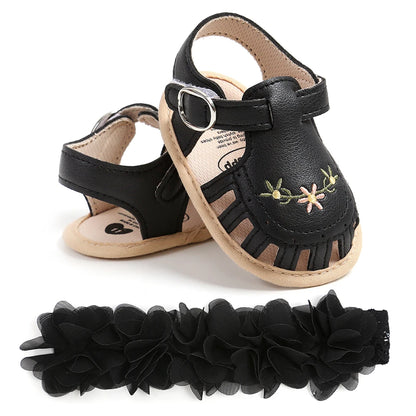 2-Piece Baby Girls’ First Walker Set – Soft Sole Anti-Slip Shoes with Flower Decor & Matching Headband