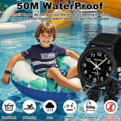 SOCICO Kids Analog Watch for Girls and Boys with Soft Band Learning Time 50M Waterproof Gift for Ages 4-12