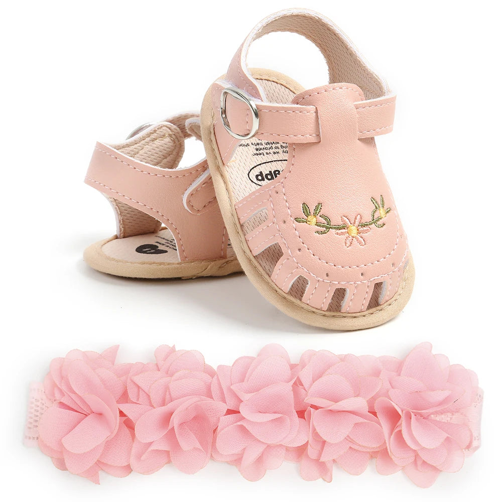 2-Piece Baby Girls’ First Walker Set – Soft Sole Anti-Slip Shoes with Flower Decor & Matching Headband