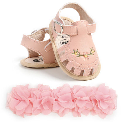2-Piece Baby Girls’ First Walker Set – Soft Sole Anti-Slip Shoes with Flower Decor & Matching Headband