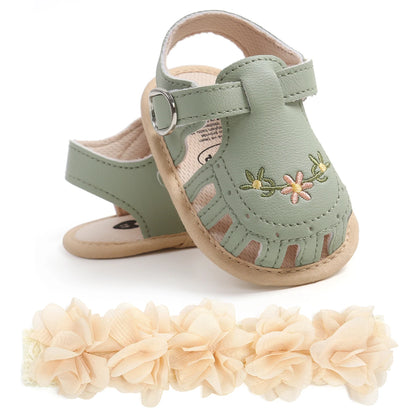 2-Piece Baby Girls’ First Walker Set – Soft Sole Anti-Slip Shoes with Flower Decor & Matching Headband