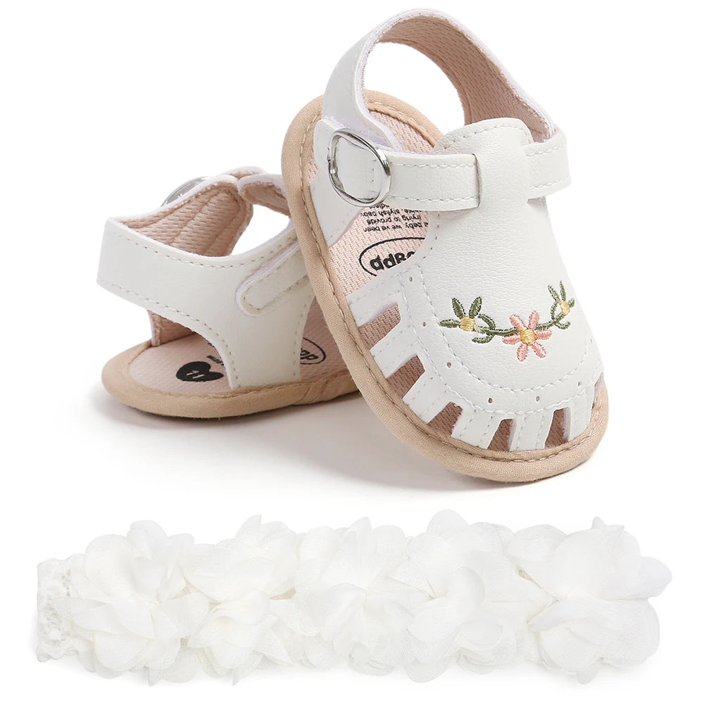 2-Piece Baby Girls’ First Walker Set – Soft Sole Anti-Slip Shoes with Flower Decor & Matching Headband