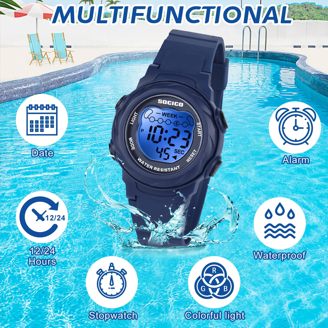 SOCICO Kids Digital Watch for Girls and Boys 7-Color Lights Waterproof Soft Band Christmas Gift for Ages 5-12