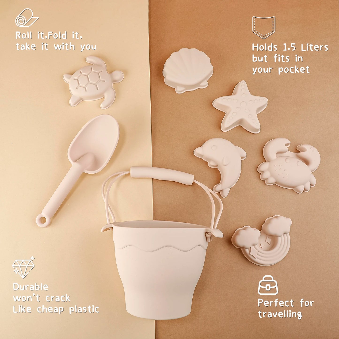 TYRY.HU 8Pcs Children’s Silicone Beach Toy Set With Bucket & Six Accessories — Outdoor Sand Play