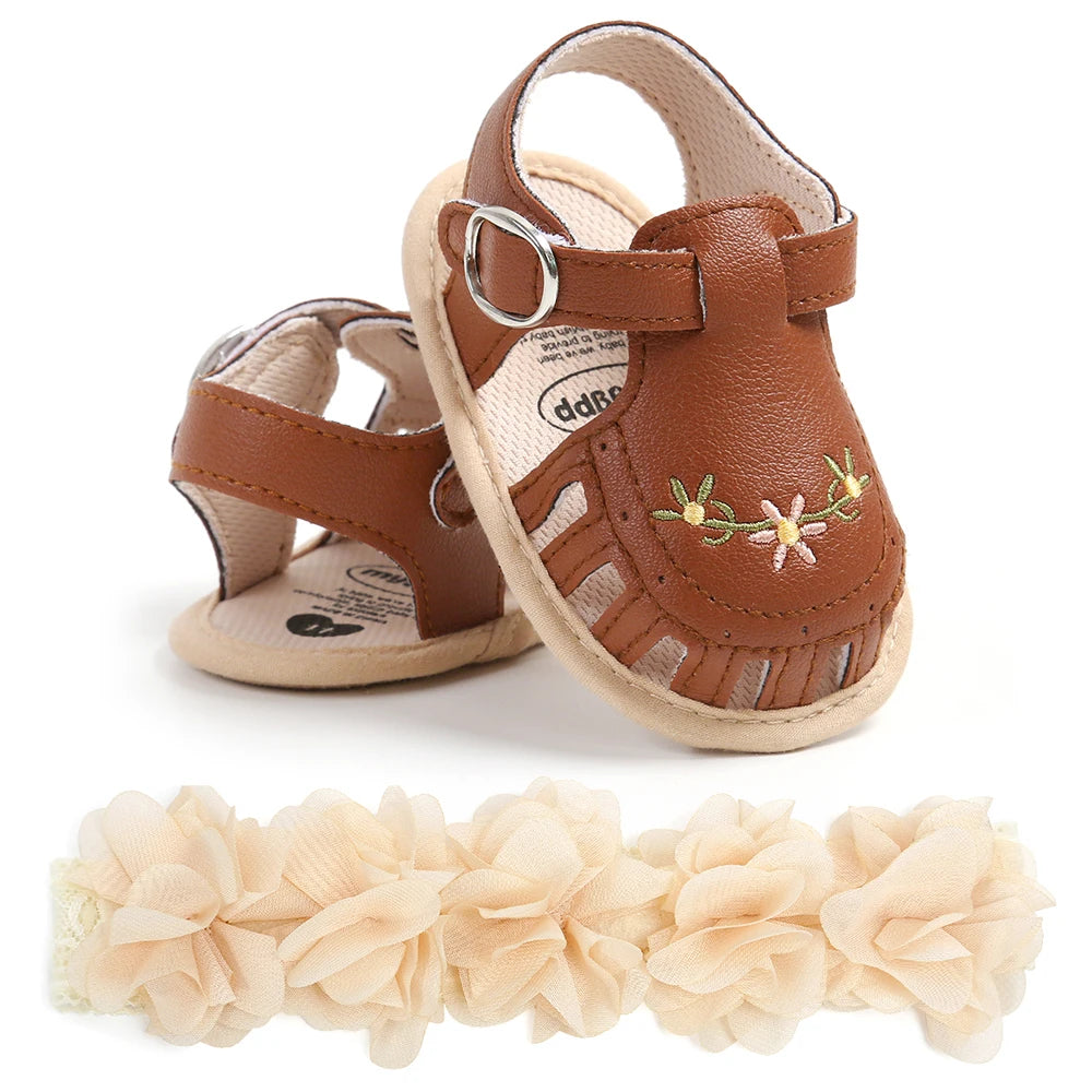 2-Piece Baby Girls’ First Walker Set – Soft Sole Anti-Slip Shoes with Flower Decor & Matching Headband