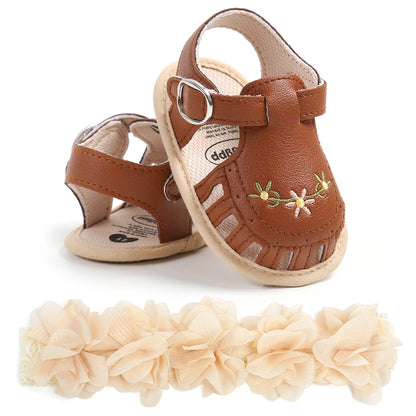 2-Piece Baby Girls’ First Walker Set – Soft Sole Anti-Slip Shoes with Flower Decor & Matching Headband