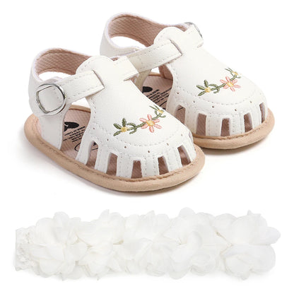 2-Piece Baby Girls’ First Walker Set – Soft Sole Anti-Slip Shoes with Flower Decor & Matching Headband