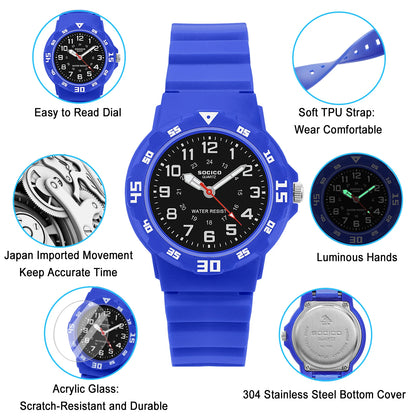 SOCICO Children’s Analog Watch for Girls and Boys Soft Strap Waterproof Easy-to-Read Learn Time Wristwatch Gift