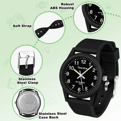 SOCICO Kids Analog Watch for Girls and Boys with Soft Band Learning Time 50M Waterproof Gift for Ages 4-12
