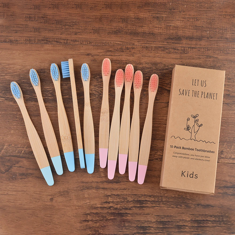 Children's Bamboo Toothbrushes, 10Pcs Soft Bristles, Eco-Friendly Biodegradable Wooden Handle, Teeth Whitening Brush