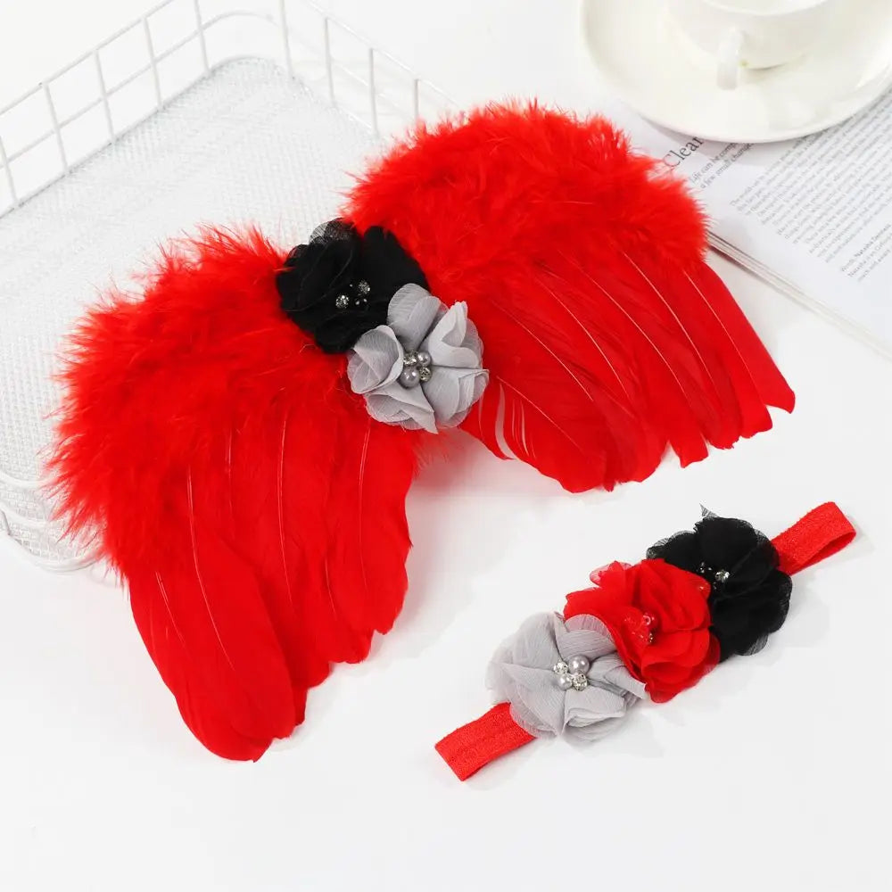 2pcs/Set Cute Newborn Angel Feather Wings & Baby Girl Rose Flower Headband Hair Accessories for Infant Photography Props