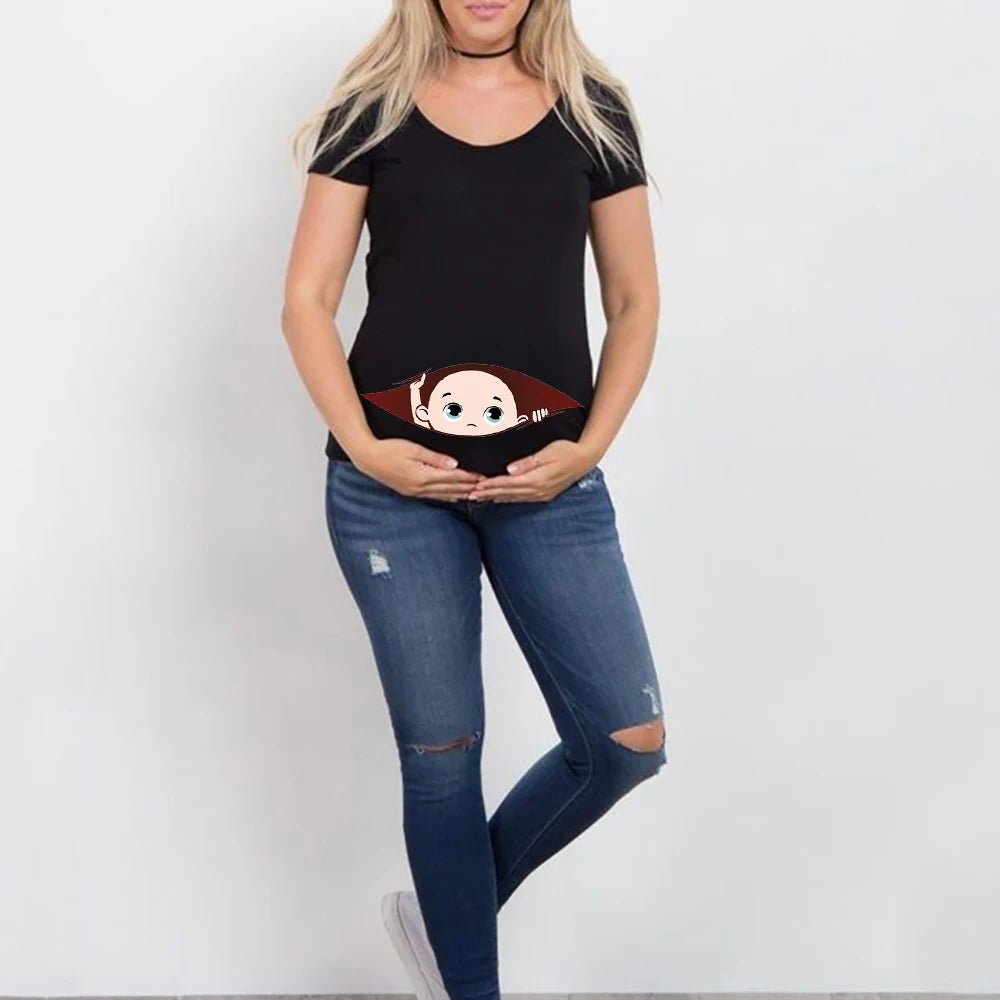 Summer Funny Cartoon Print Maternity T-Shirt | Pink Plus-Size Short Sleeve Tops | Pregnant Women Hot Sale T-Shirts
