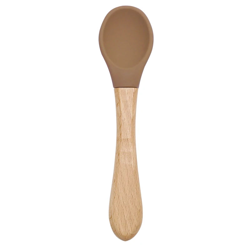 Feeding Wooden Handle Silicone Spoon for Baby – Training Utensils for Solid Foods – Kids' Manipulative Ability Development – Safe and Durable Children's Tableware