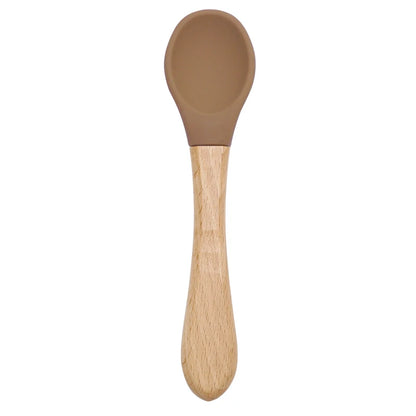 Feeding Wooden Handle Silicone Spoon for Baby – Training Utensils for Solid Foods – Kids' Manipulative Ability Development – Safe and Durable Children's Tableware