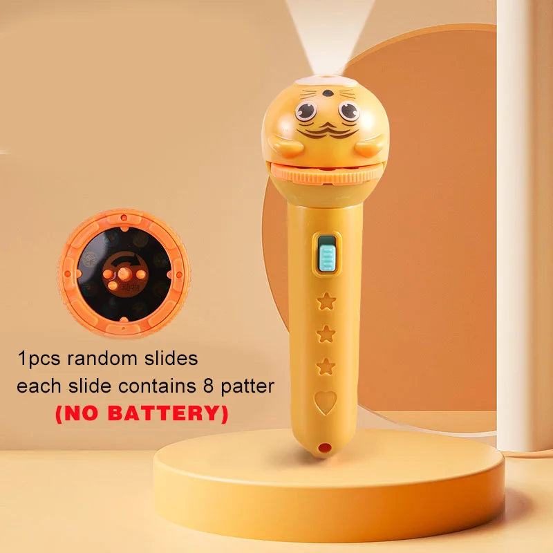Kids Flashlight Projector Night Light – Storybook Torch with 3 Slide Cards, 8-Pattern Rotating Projection (LR44 Button Batteries Not Included)