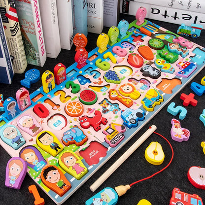 Montessori Wooden Math Toy – Busy Board with Counting, Shape, Color Matching, and Fishing Puzzle for Kids