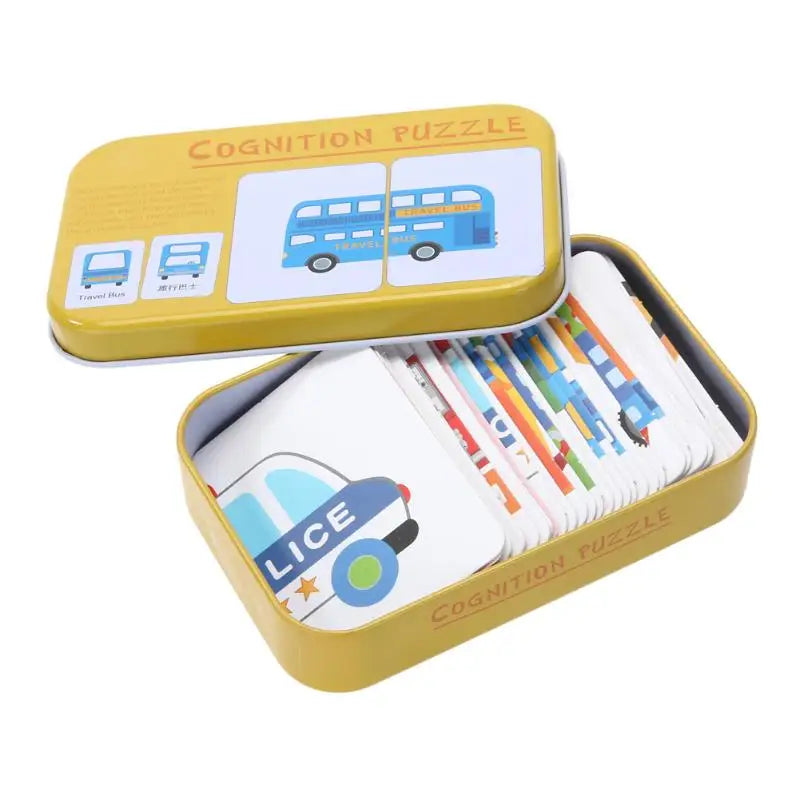 Baby Cognition Puzzle Toys, Toddler Kids Iron Box Cards, Matching Game, Cognitive Card, Car, Fruit, Animal & Life Puzzle