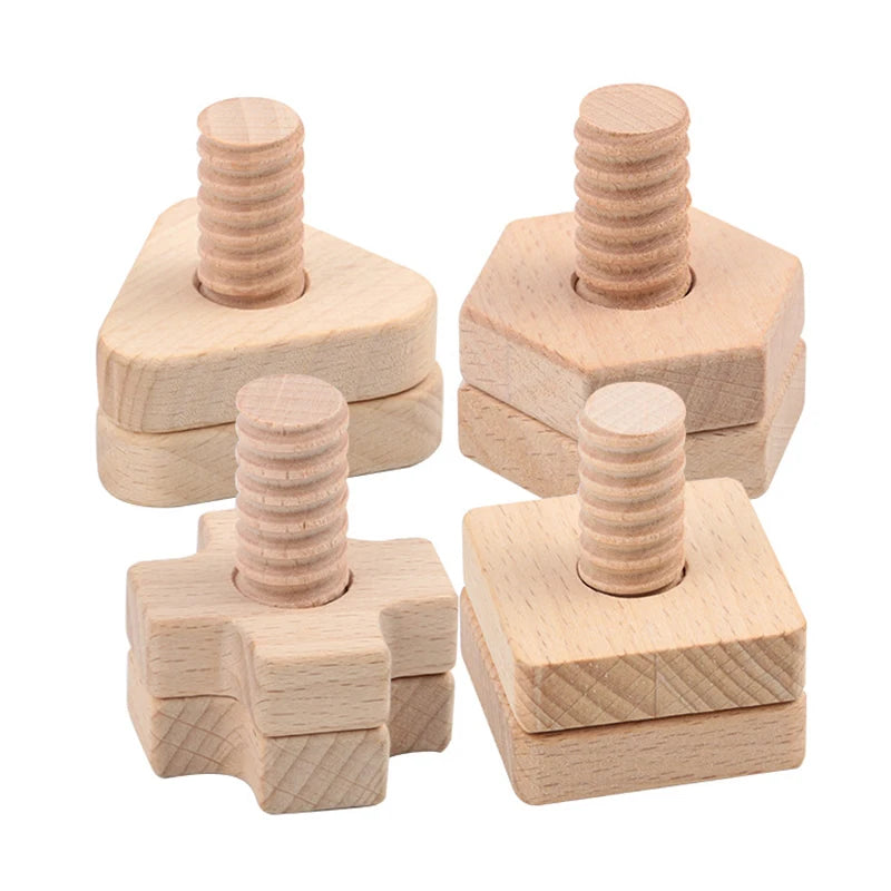 Beech Baby Screw Nut Wooden Building Blocks – Early Education Geometry Shape Matching Toy, Fine Motor Skill Development for Toddlers