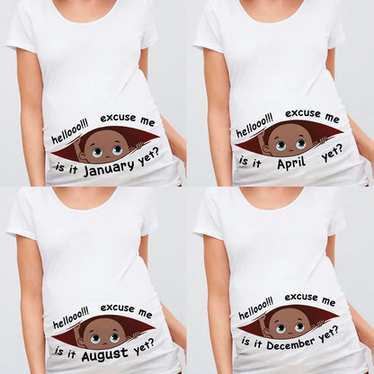 "Excuse Me, Is It January Yet?" 12 Months Summer Maternity Pregnancy T-Shirt | Black Baby Print Women Tee | Pregnant Clothes