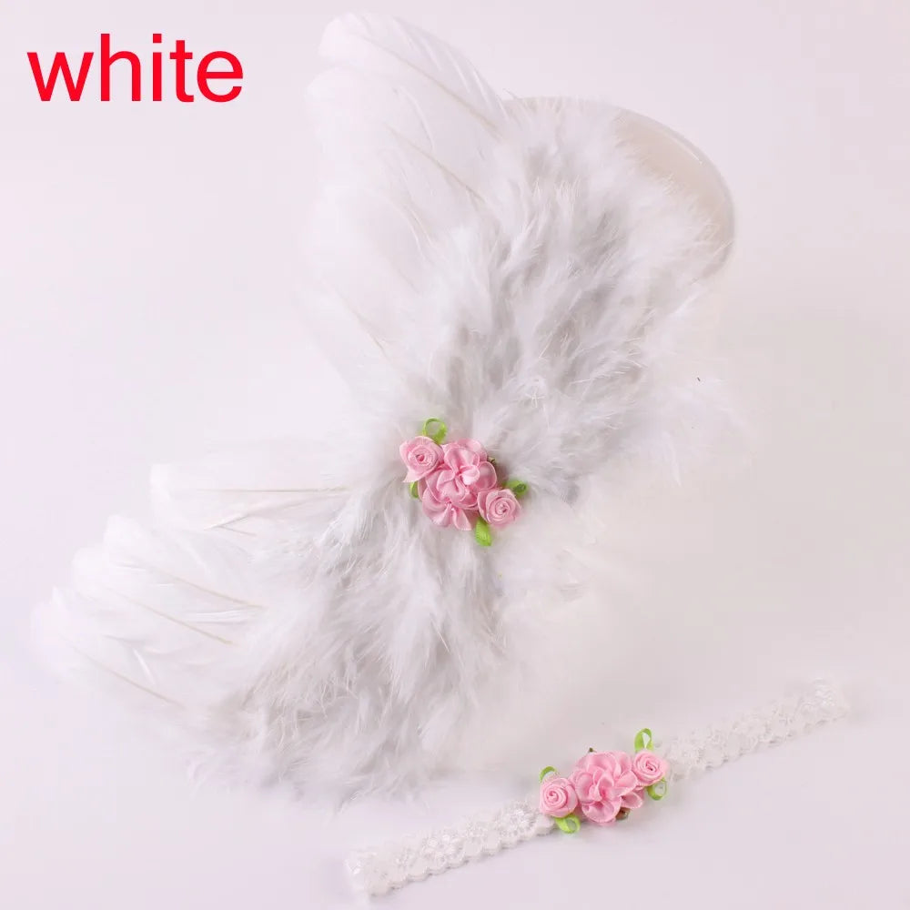 2pcs/Set Cute Newborn Angel Feather Wings & Baby Girl Rose Flower Headband Hair Accessories for Infant Photography Props