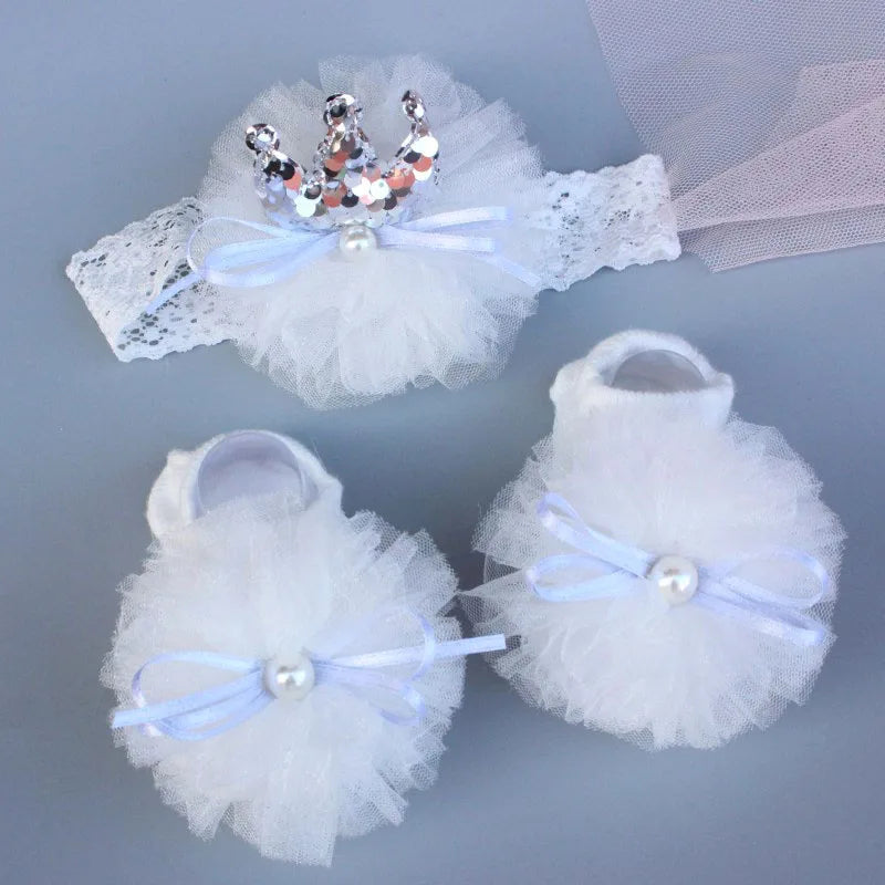 2 Pcs/Set Elastic Baby Headband Socks Set Lace Flower Newborn Girl Short Socks Bow Crown Infant Hairband