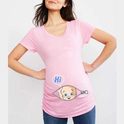 Summer Funny Cartoon Print Maternity T-Shirt | Pink Plus-Size Short Sleeve Tops | Pregnant Women Hot Sale T-Shirts