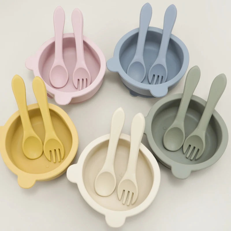 BPA-Free Soft Silicone Baby Spoon Set - Auxiliary Food Utensils for Toddler, Bendable Fork & Training Spoon, Children’s Tableware
