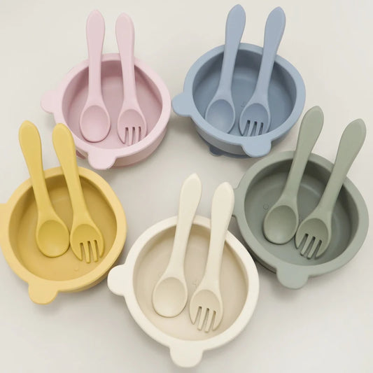 BPA-Free Soft Silicone Baby Spoon Set - Auxiliary Food Utensils for Toddler, Bendable Fork & Training Spoon, Children’s Tableware