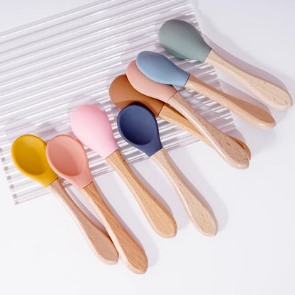 Feeding Wooden Handle Silicone Spoon for Baby – Training Utensils for Solid Foods – Kids' Manipulative Ability Development – Safe and Durable Children's Tableware