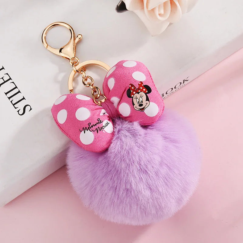 Disney Minnie and Mickey Mouse Plush Keychains, Cartoon Polka Dot Bow Pom-Pom Pendant Gift
