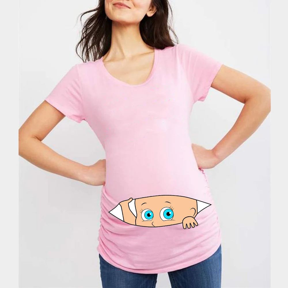 Summer Funny Cartoon Print Maternity T-Shirt | Pink Plus-Size Short Sleeve Tops | Pregnant Women Hot Sale T-Shirts