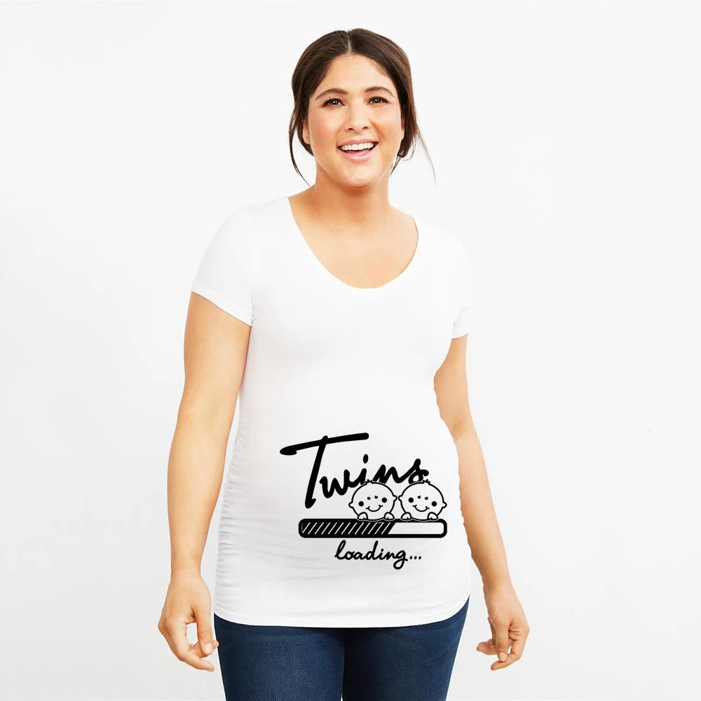 It's Twins Pregnancy T-Shirt | Maternity Tops | Plus-Size Short Sleeve Cartoon Print Announcement Tee for Pregnant Women