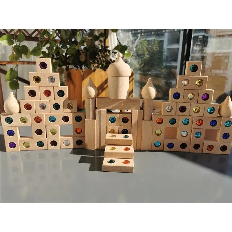 Kids Acrylic Sparkling Stones – Wooden Gemstone Street Blocks, Rainbow Crystal Diamond Bricks, Montessori Building Play Toy