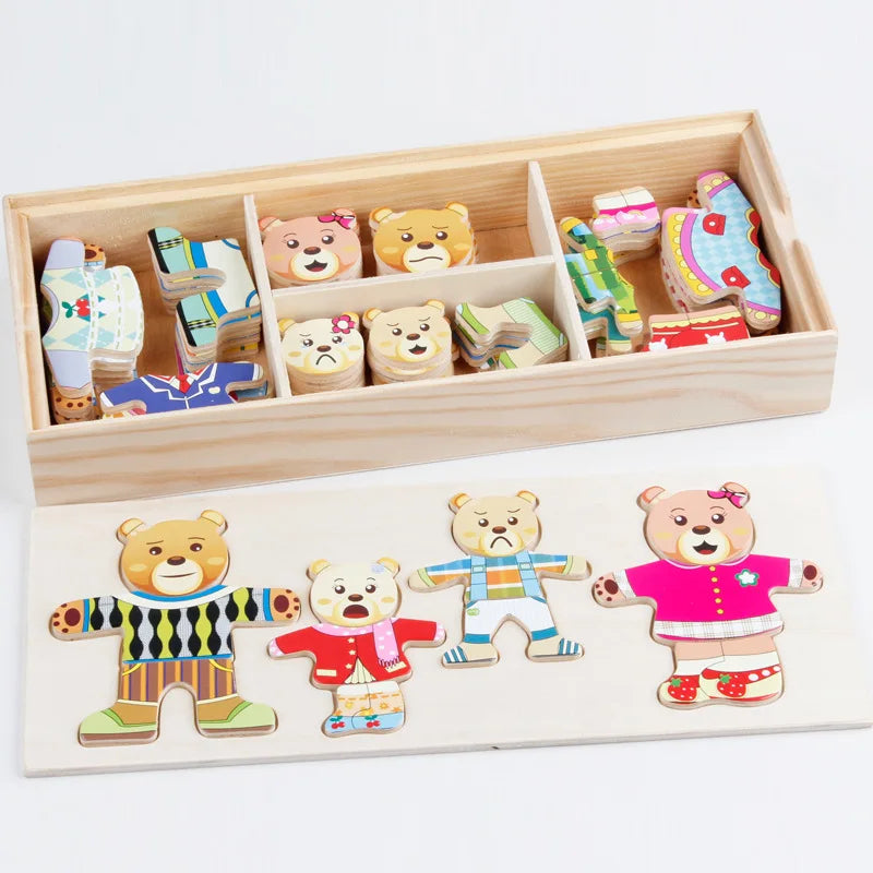 QWZ Little Bear Change Clothes, Children's Early Education Wooden Jigsaw Puzzle, Dressing Game, Baby Puzzle Toy for Children Gift