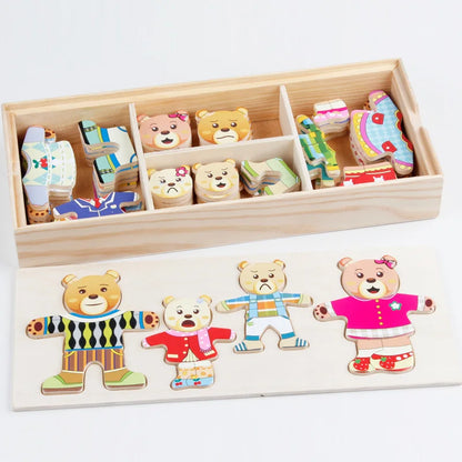 QWZ Little Bear Change Clothes, Children's Early Education Wooden Jigsaw Puzzle, Dressing Game, Baby Puzzle Toy for Children Gift