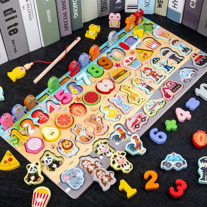 Montessori Wooden Math Toy – Busy Board with Counting, Shape, Color Matching, and Fishing Puzzle for Kids