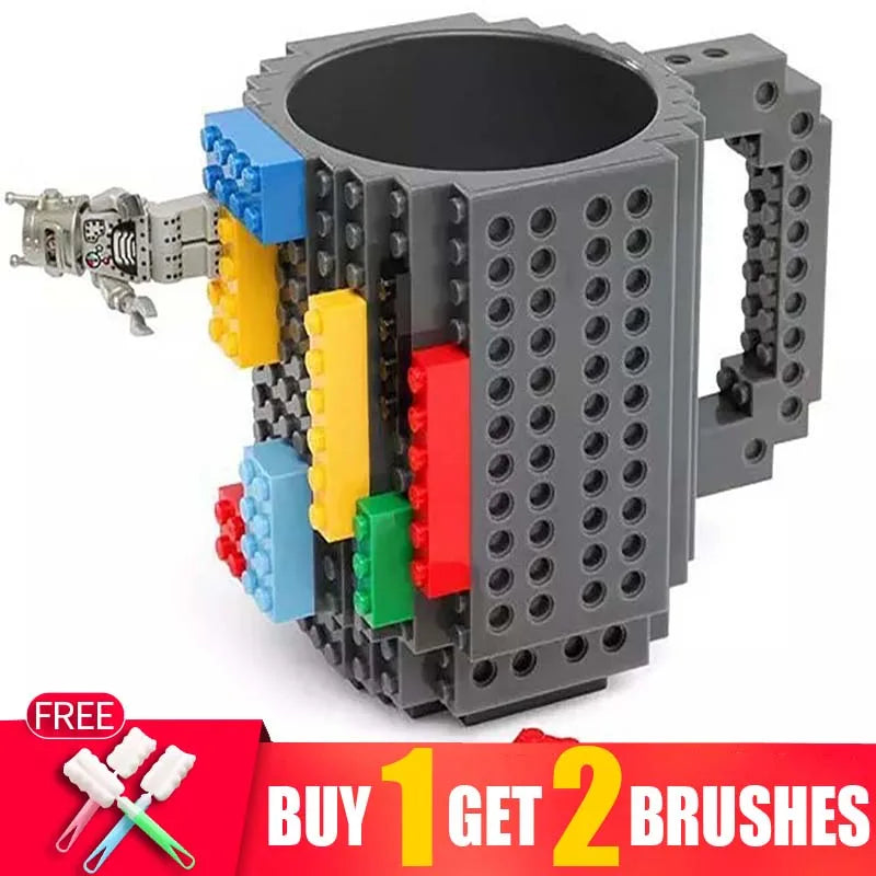 12.2 oz (360ml) Building-Block Compatible Personalized Kids Travel Mug – White Plastic Tumbler with Handle & DIY Brick Pack