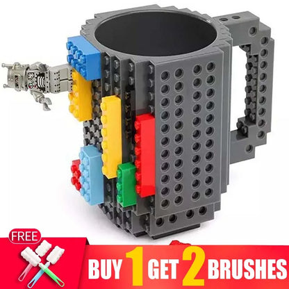 12.2 oz (360ml) Building-Block Compatible Personalized Kids Travel Mug – White Plastic Tumbler with Handle & DIY Brick Pack