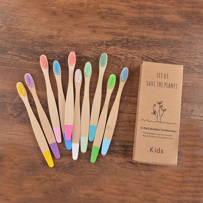 Children's Bamboo Toothbrushes, 10Pcs Soft Bristles, Eco-Friendly Biodegradable Wooden Handle, Teeth Whitening Brush